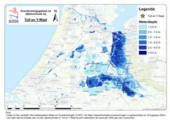 Kaart die de waterdieptes weergeeft na een doorbraak van de Lekdijk in Tull en 't Waal